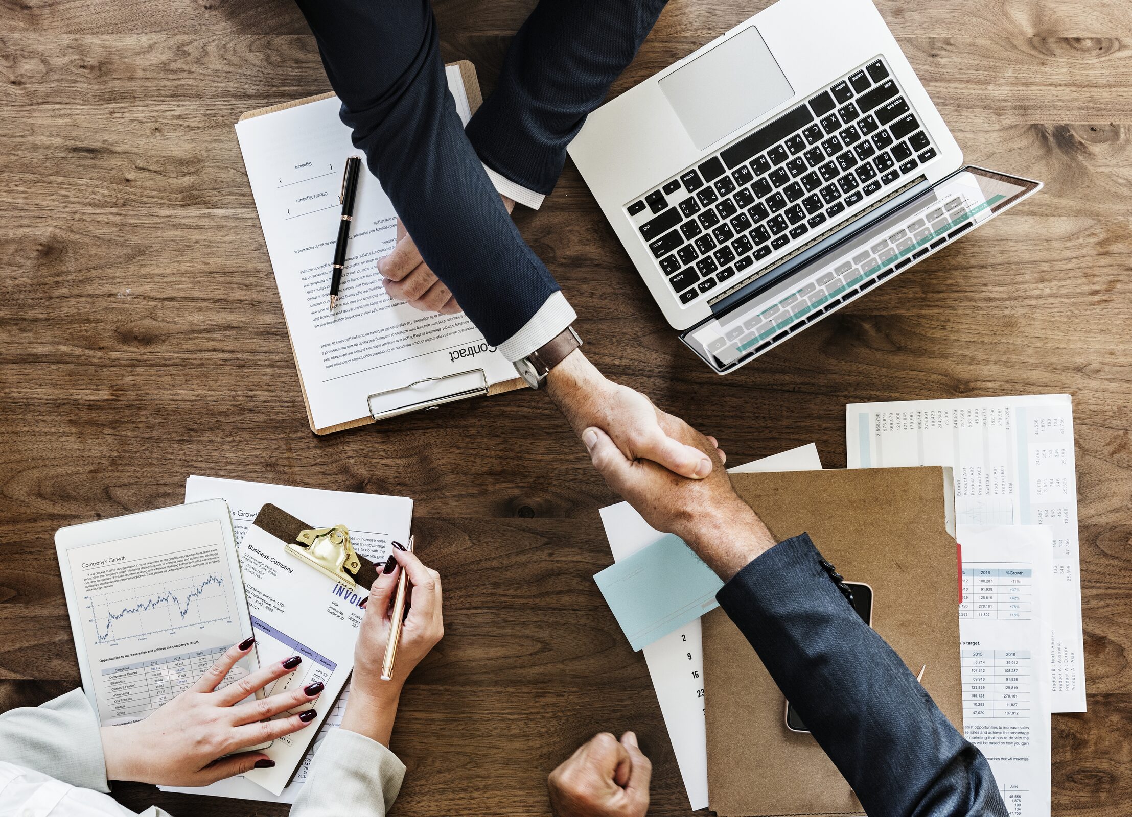 Business professionals shaking hands during a consultation