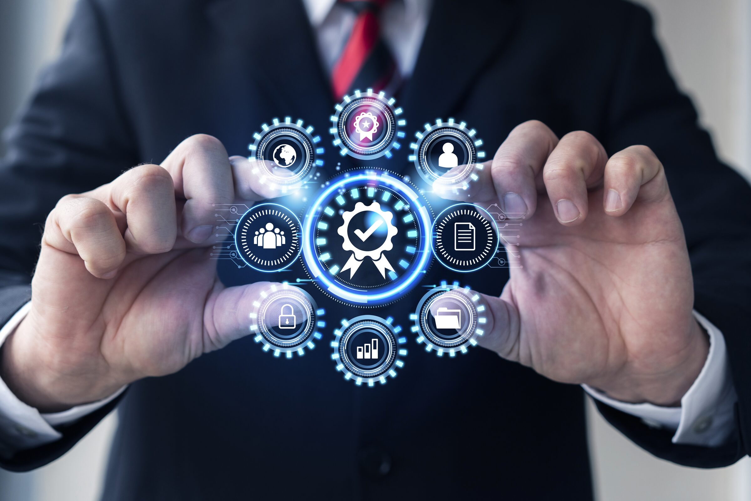 Business professional presenting integrated industry systems