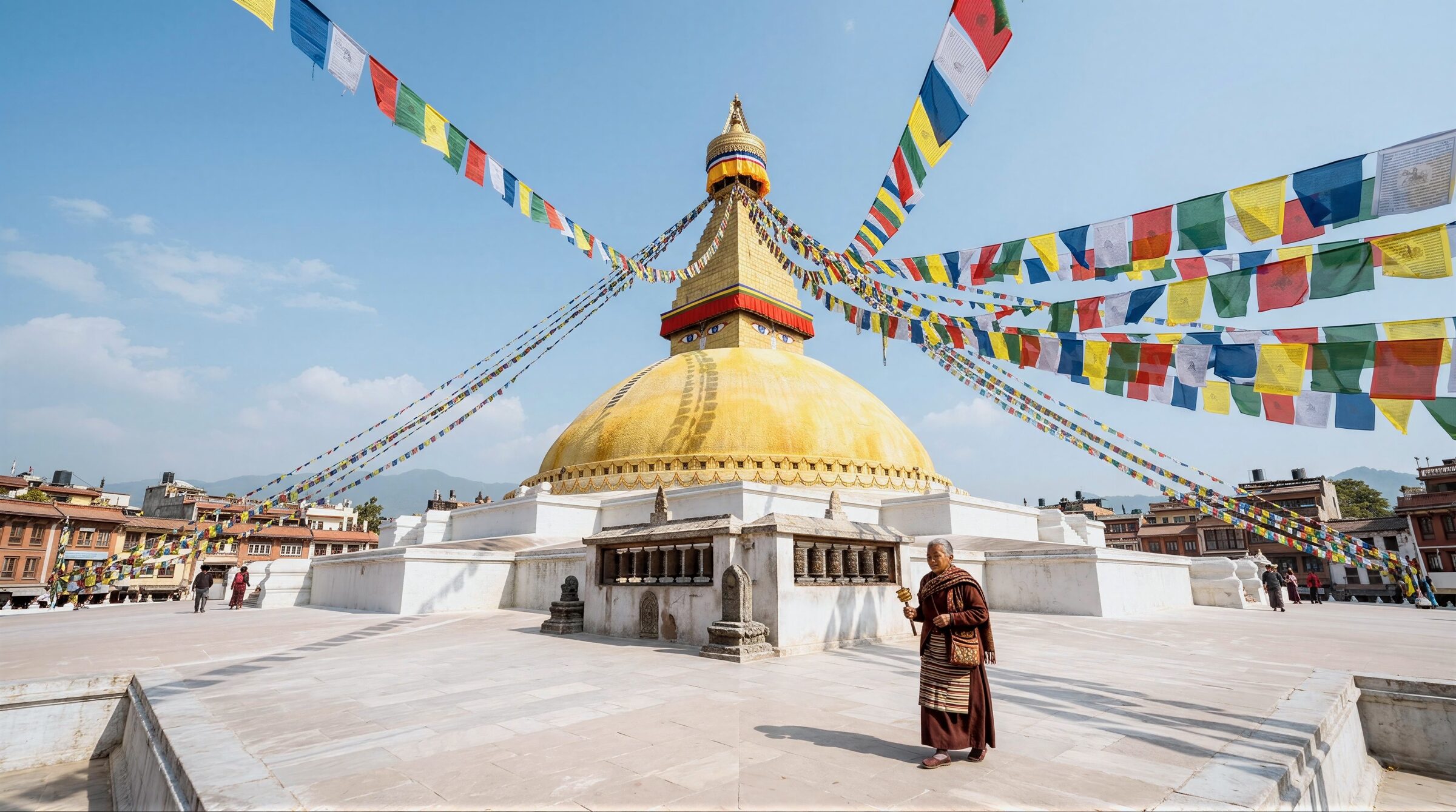 Boudhanath Stupa and prayer flags in Kathmandu, Nepal
