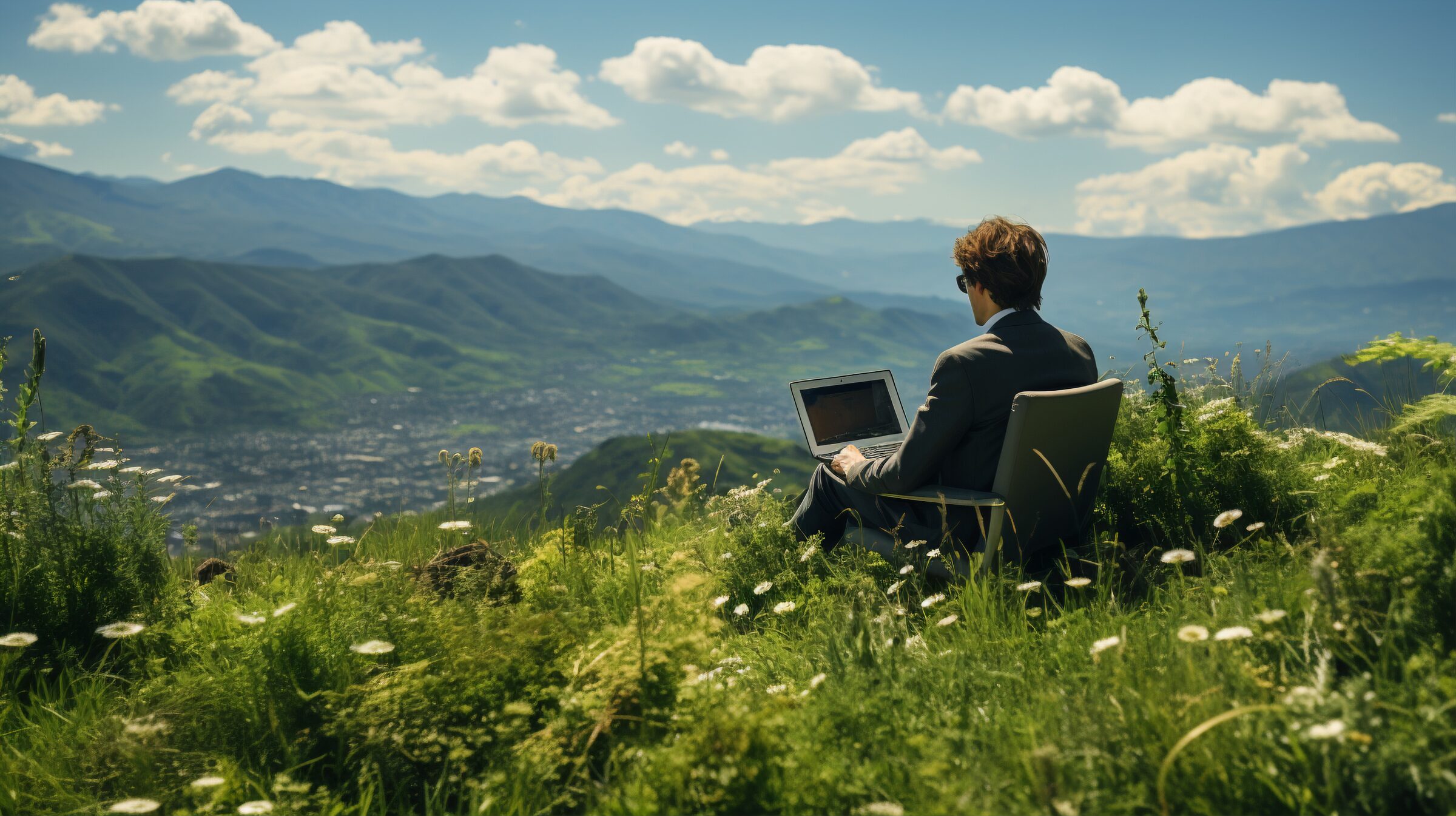Professional working remotely with a laptop in the hills