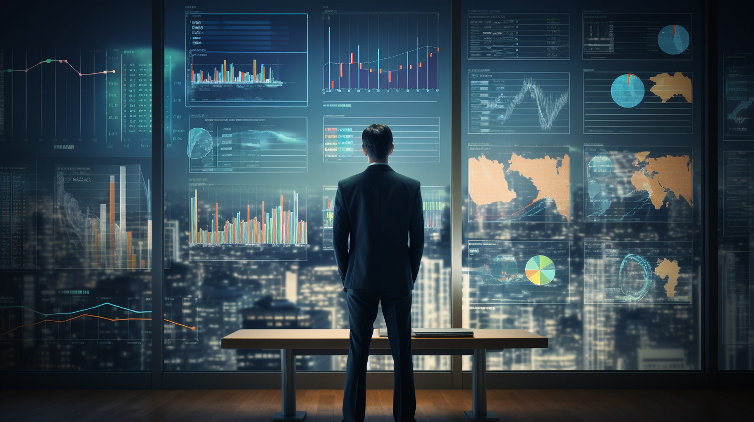 Executive reviewing performance and market dashboards